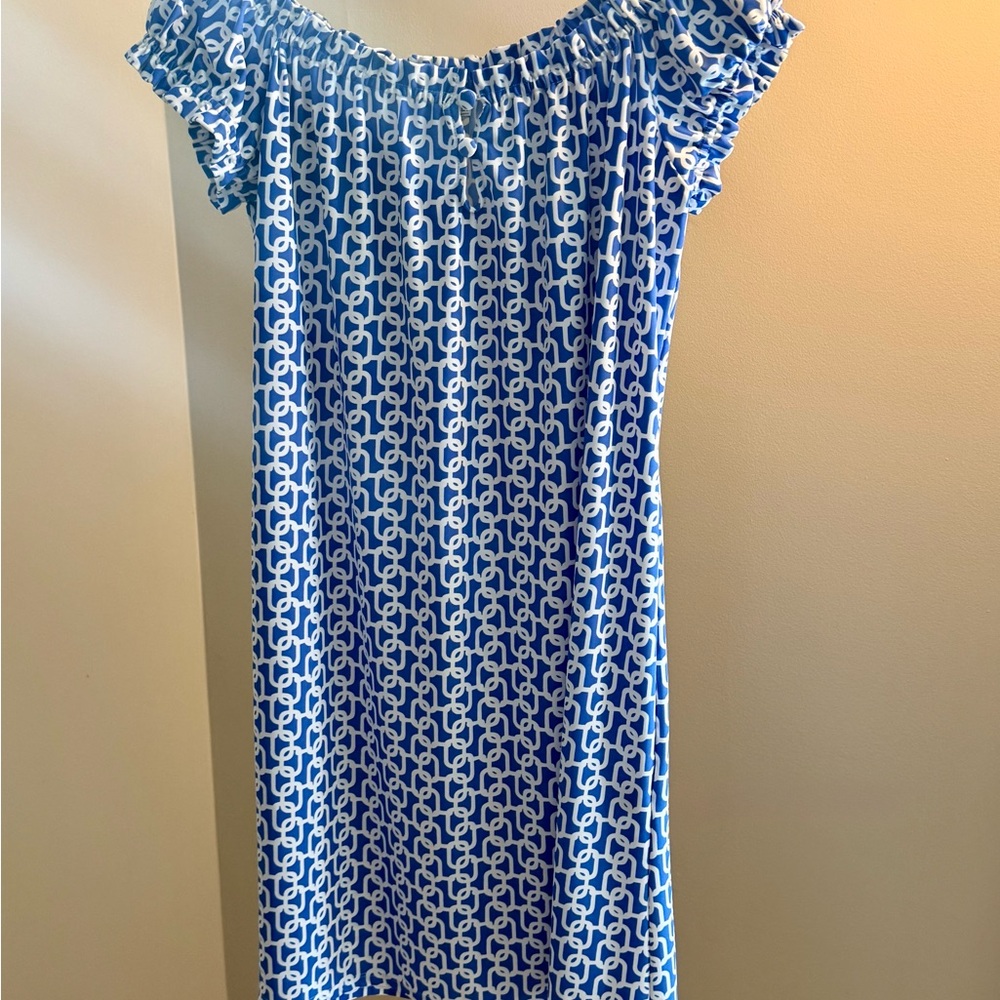 Jude Connally Blue and White Ruffled Smocked Midi Sundress